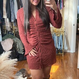 Ruched Button-Down Dress in Rust